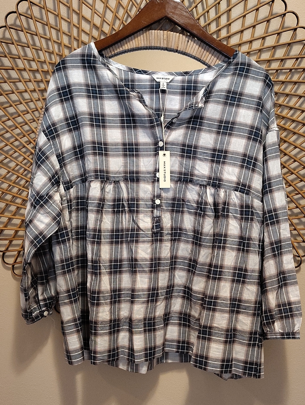 NWT! Max Studio Oversized Plaid Peasant Top Ivory/Navy Size Small